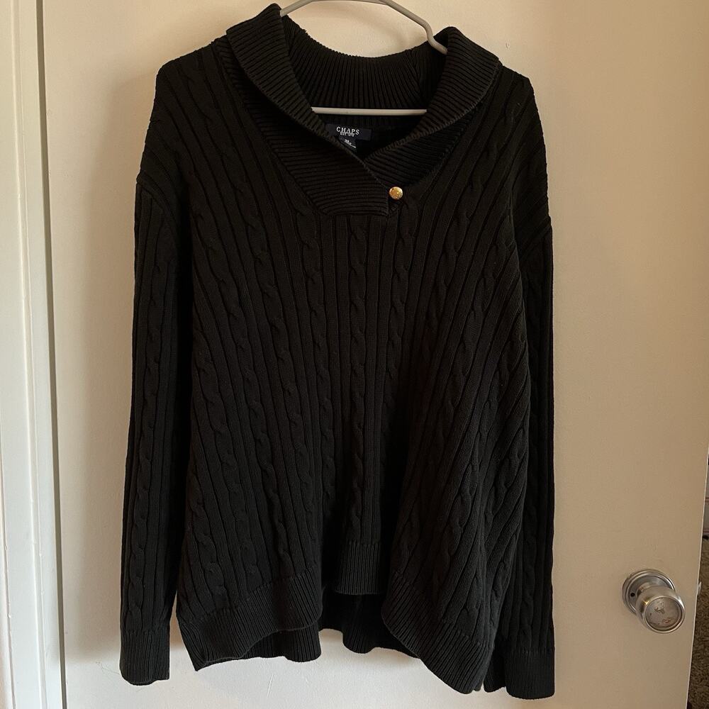 Chaps Women Shawl Neck Pullover Sweater Cable Knit Size 3X Black Cotton
